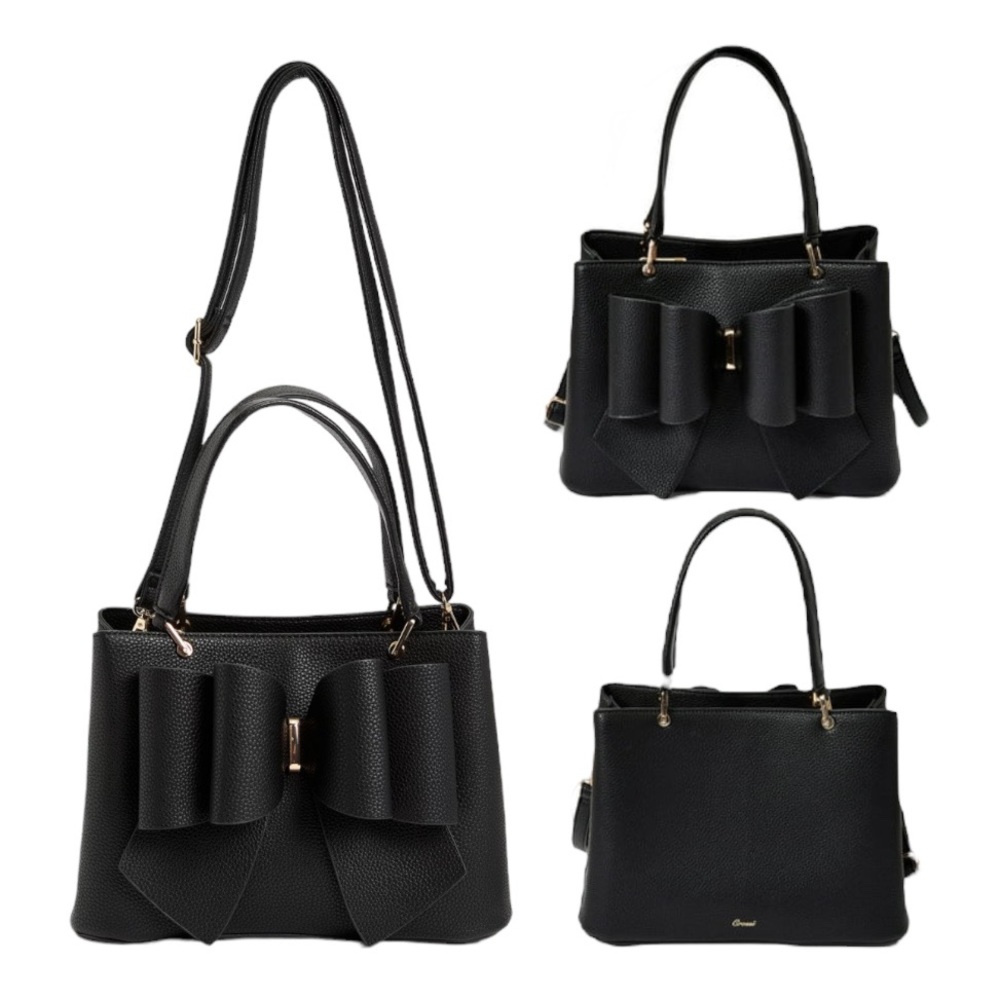 New!!! 3D Bow Vegan Leather 3-Way Wear Black Satchel, Crossbody, & Shoulder Bag - Picture 4 of 15